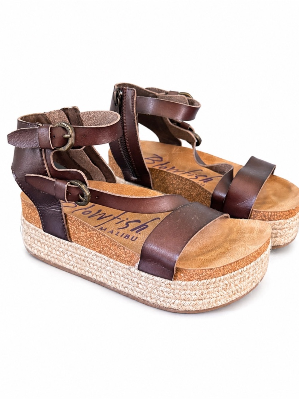 Blowfish Brown Leather Espadrille Wedge Sandals with Ankle Straps